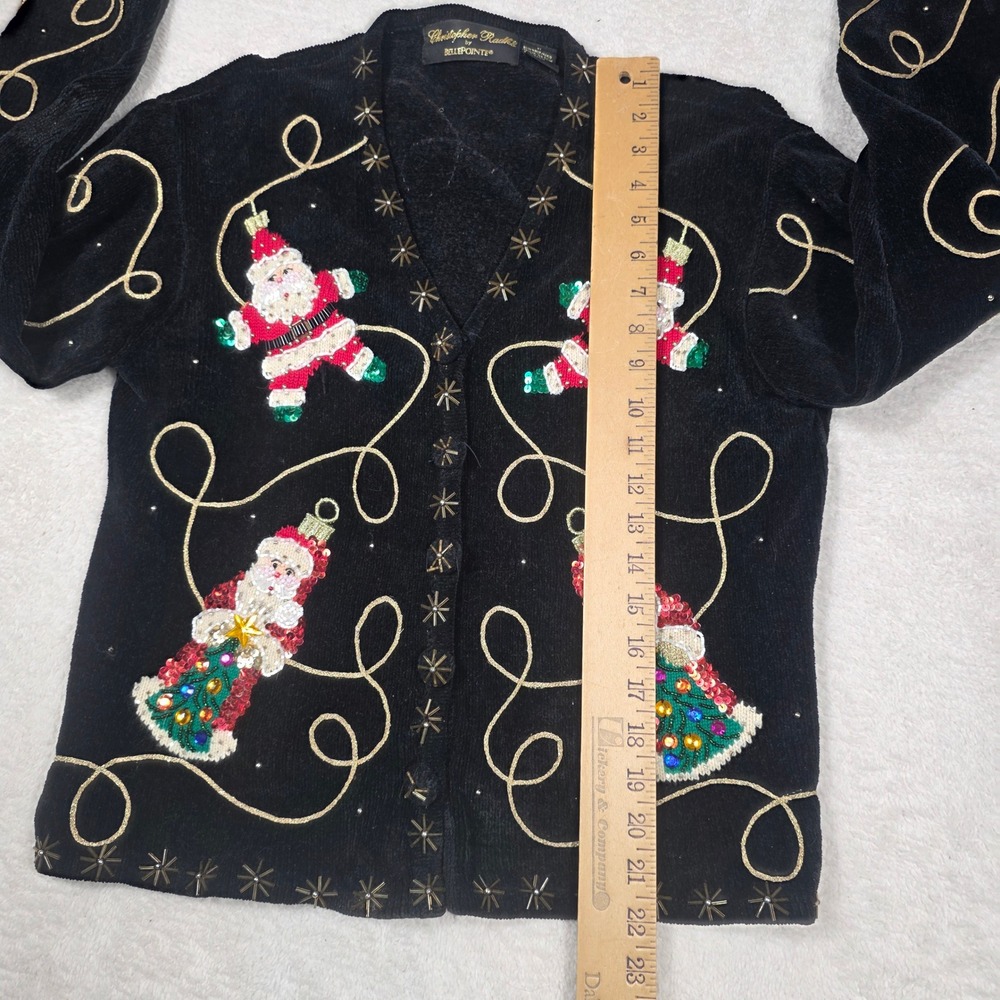 Christopher Radko Cardigan Women Medium Black Santa Sequin Holiday Knit - Picture 6 of 8